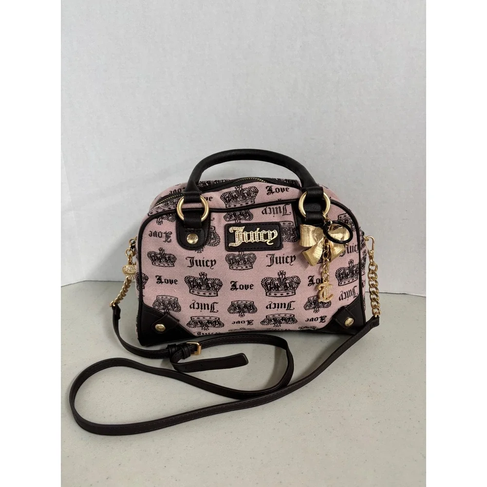 Juicy‎ Couture Pink Black Crown Monogram Satchel Crossbody Bag Rhinestone Logo
